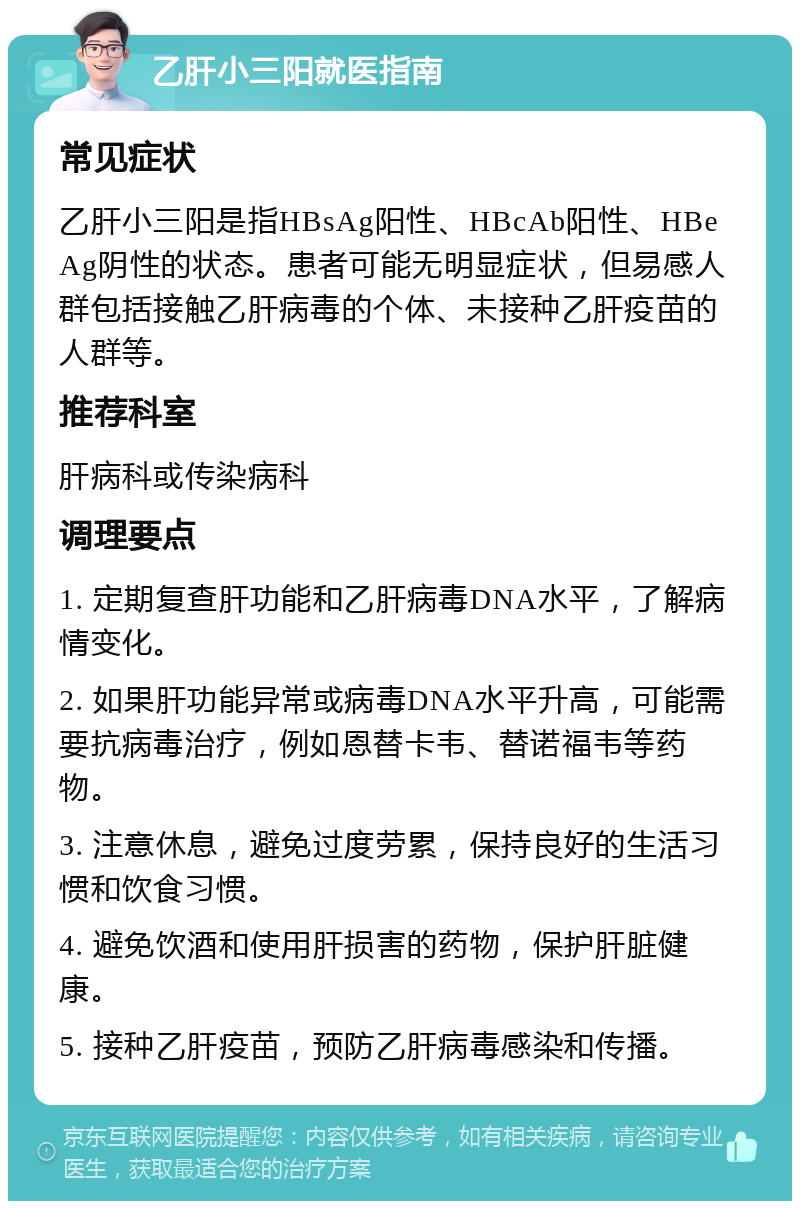 乙肝小三阳就医指南 常见症状 乙肝小三阳是指HBsAg阳性、HBcAb阳性、HBeAg阴性的状态。患者可能无明显症状，但易感人群包括接触乙肝病毒的个体、未接种乙肝疫苗的人群等。 推荐科室 肝病科或传染病科 调理要点 1. 定期复查肝功能和乙肝病毒DNA水平，了解病情变化。 2. 如果肝功能异常或病毒DNA水平升高，可能需要抗病毒治疗，例如恩替卡韦、替诺福韦等药物。 3. 注意休息，避免过度劳累，保持良好的生活习惯和饮食习惯。 4. 避免饮酒和使用肝损害的药物，保护肝脏健康。 5. 接种乙肝疫苗，预防乙肝病毒感染和传播。