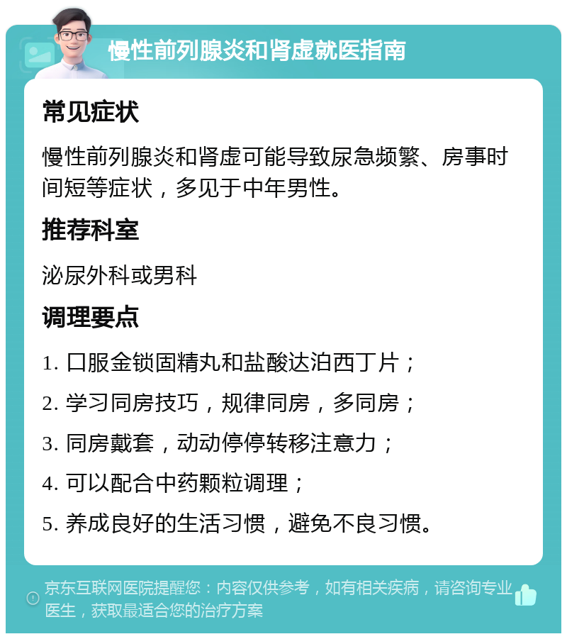 慢性前列腺炎和肾虚就医指南 常见症状 慢性前列腺炎和肾虚可能导致尿急频繁、房事时间短等症状，多见于中年男性。 推荐科室 泌尿外科或男科 调理要点 1. 口服金锁固精丸和盐酸达泊西丁片； 2. 学习同房技巧，规律同房，多同房； 3. 同房戴套，动动停停转移注意力； 4. 可以配合中药颗粒调理； 5. 养成良好的生活习惯，避免不良习惯。