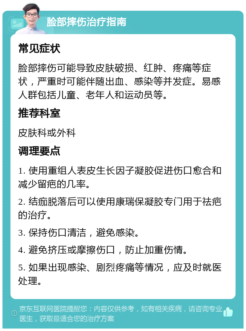 脸部摔伤治疗指南 常见症状 脸部摔伤可能导致皮肤破损、红肿、疼痛等症状，严重时可能伴随出血、感染等并发症。易感人群包括儿童、老年人和运动员等。 推荐科室 皮肤科或外科 调理要点 1. 使用重组人表皮生长因子凝胶促进伤口愈合和减少留疤的几率。 2. 结痂脱落后可以使用康瑞保凝胶专门用于祛疤的治疗。 3. 保持伤口清洁，避免感染。 4. 避免挤压或摩擦伤口，防止加重伤情。 5. 如果出现感染、剧烈疼痛等情况，应及时就医处理。