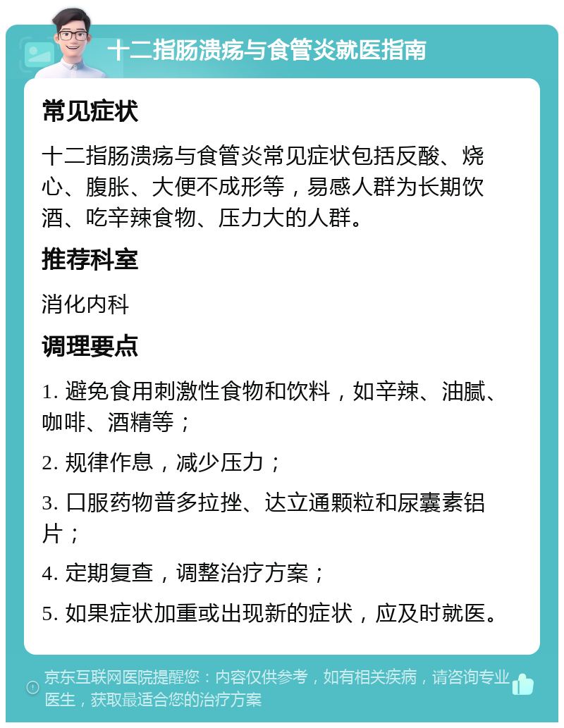 十二指肠溃疡与食管炎就医指南 常见症状 十二指肠溃疡与食管炎常见症状包括反酸、烧心、腹胀、大便不成形等，易感人群为长期饮酒、吃辛辣食物、压力大的人群。 推荐科室 消化内科 调理要点 1. 避免食用刺激性食物和饮料，如辛辣、油腻、咖啡、酒精等； 2. 规律作息，减少压力； 3. 口服药物普多拉挫、达立通颗粒和尿囊素铝片； 4. 定期复查，调整治疗方案； 5. 如果症状加重或出现新的症状，应及时就医。