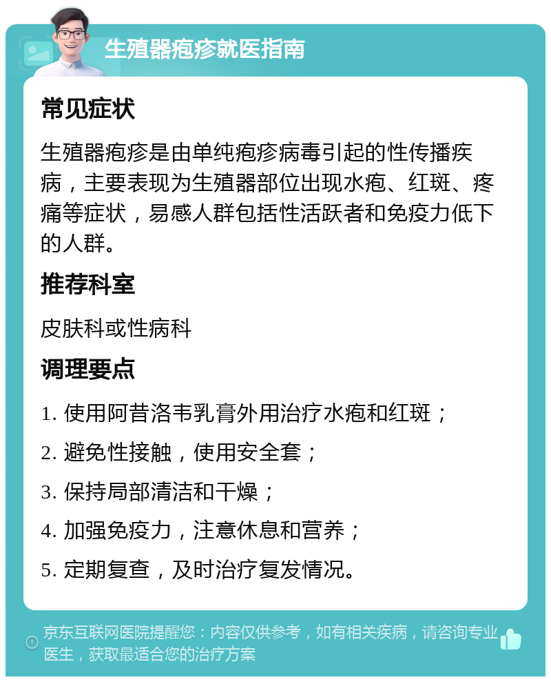 生殖器疱疹就医指南 常见症状 生殖器疱疹是由单纯疱疹病毒引起的性传播疾病，主要表现为生殖器部位出现水疱、红斑、疼痛等症状，易感人群包括性活跃者和免疫力低下的人群。 推荐科室 皮肤科或性病科 调理要点 1. 使用阿昔洛韦乳膏外用治疗水疱和红斑； 2. 避免性接触，使用安全套； 3. 保持局部清洁和干燥； 4. 加强免疫力，注意休息和营养； 5. 定期复查，及时治疗复发情况。