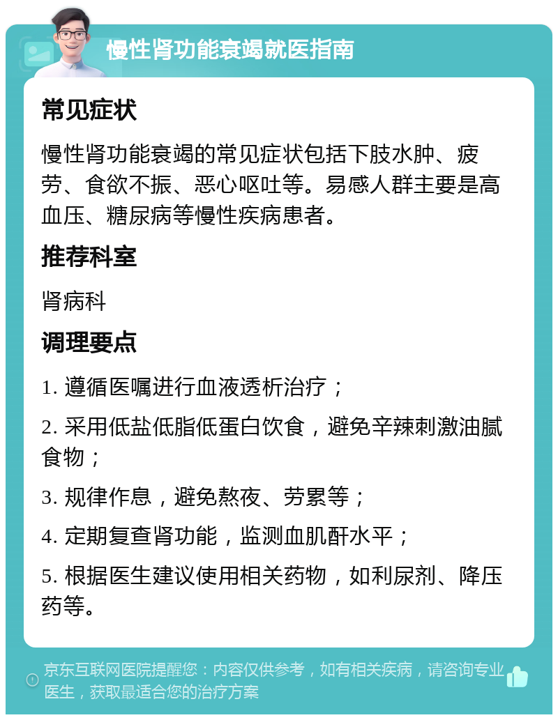 慢性肾功能衰竭就医指南 常见症状 慢性肾功能衰竭的常见症状包括下肢水肿、疲劳、食欲不振、恶心呕吐等。易感人群主要是高血压、糖尿病等慢性疾病患者。 推荐科室 肾病科 调理要点 1. 遵循医嘱进行血液透析治疗； 2. 采用低盐低脂低蛋白饮食，避免辛辣刺激油腻食物； 3. 规律作息，避免熬夜、劳累等； 4. 定期复查肾功能，监测血肌酐水平； 5. 根据医生建议使用相关药物，如利尿剂、降压药等。