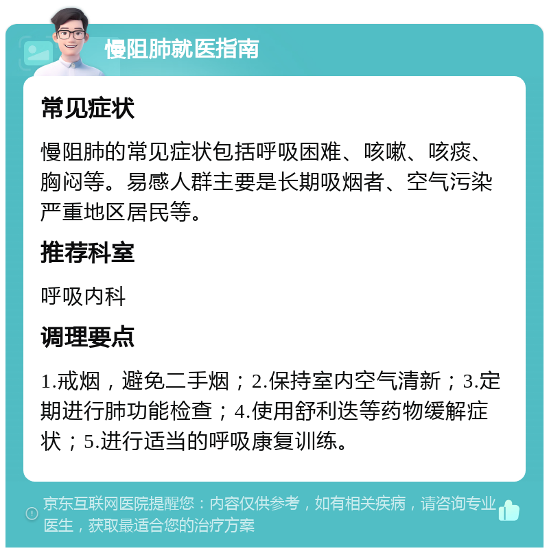 慢阻肺就医指南 常见症状 慢阻肺的常见症状包括呼吸困难、咳嗽、咳痰、胸闷等。易感人群主要是长期吸烟者、空气污染严重地区居民等。 推荐科室 呼吸内科 调理要点 1.戒烟，避免二手烟；2.保持室内空气清新；3.定期进行肺功能检查；4.使用舒利迭等药物缓解症状；5.进行适当的呼吸康复训练。