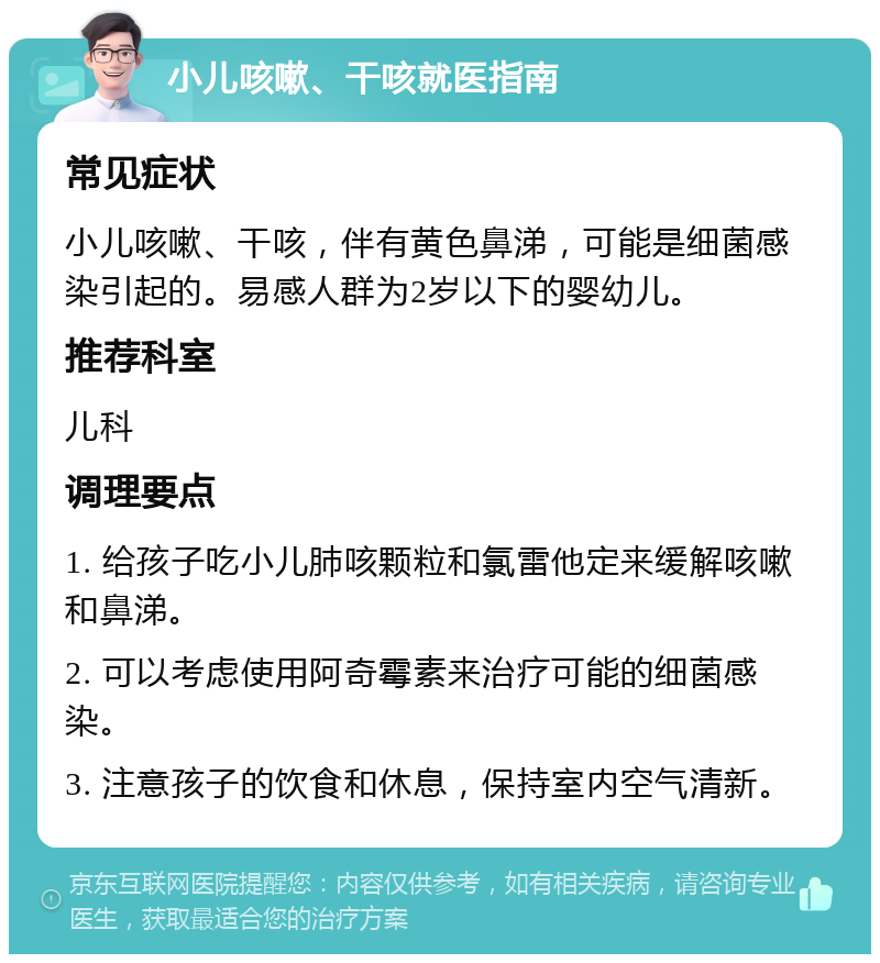 小儿咳嗽、干咳就医指南 常见症状 小儿咳嗽、干咳，伴有黄色鼻涕，可能是细菌感染引起的。易感人群为2岁以下的婴幼儿。 推荐科室 儿科 调理要点 1. 给孩子吃小儿肺咳颗粒和氯雷他定来缓解咳嗽和鼻涕。 2. 可以考虑使用阿奇霉素来治疗可能的细菌感染。 3. 注意孩子的饮食和休息，保持室内空气清新。