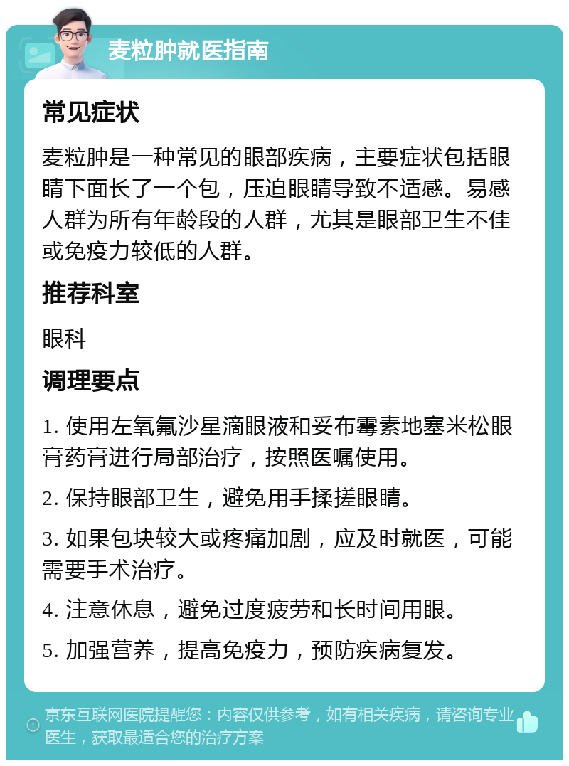 麦粒肿就医指南 常见症状 麦粒肿是一种常见的眼部疾病，主要症状包括眼睛下面长了一个包，压迫眼睛导致不适感。易感人群为所有年龄段的人群，尤其是眼部卫生不佳或免疫力较低的人群。 推荐科室 眼科 调理要点 1. 使用左氧氟沙星滴眼液和妥布霉素地塞米松眼膏药膏进行局部治疗，按照医嘱使用。 2. 保持眼部卫生，避免用手揉搓眼睛。 3. 如果包块较大或疼痛加剧，应及时就医，可能需要手术治疗。 4. 注意休息，避免过度疲劳和长时间用眼。 5. 加强营养，提高免疫力，预防疾病复发。