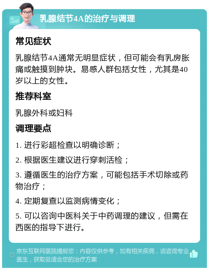 乳腺结节4A的治疗与调理 常见症状 乳腺结节4A通常无明显症状，但可能会有乳房胀痛或触摸到肿块。易感人群包括女性，尤其是40岁以上的女性。 推荐科室 乳腺外科或妇科 调理要点 1. 进行彩超检查以明确诊断； 2. 根据医生建议进行穿刺活检； 3. 遵循医生的治疗方案，可能包括手术切除或药物治疗； 4. 定期复查以监测病情变化； 5. 可以咨询中医科关于中药调理的建议，但需在西医的指导下进行。