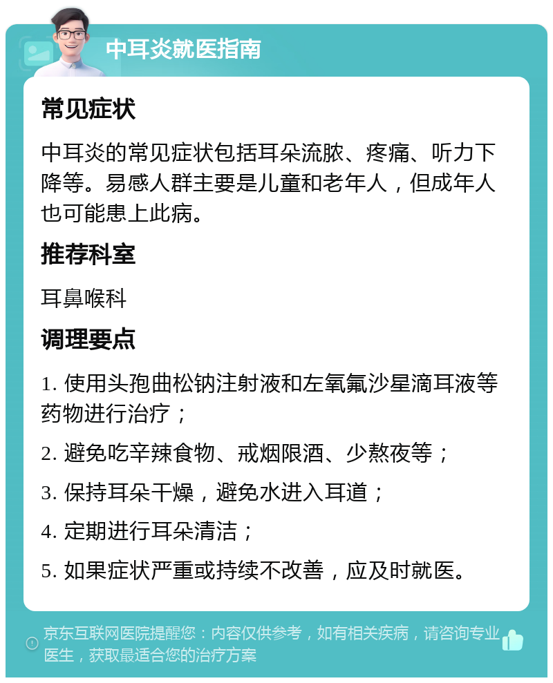 中耳炎就医指南 常见症状 中耳炎的常见症状包括耳朵流脓、疼痛、听力下降等。易感人群主要是儿童和老年人，但成年人也可能患上此病。 推荐科室 耳鼻喉科 调理要点 1. 使用头孢曲松钠注射液和左氧氟沙星滴耳液等药物进行治疗； 2. 避免吃辛辣食物、戒烟限酒、少熬夜等； 3. 保持耳朵干燥，避免水进入耳道； 4. 定期进行耳朵清洁； 5. 如果症状严重或持续不改善，应及时就医。