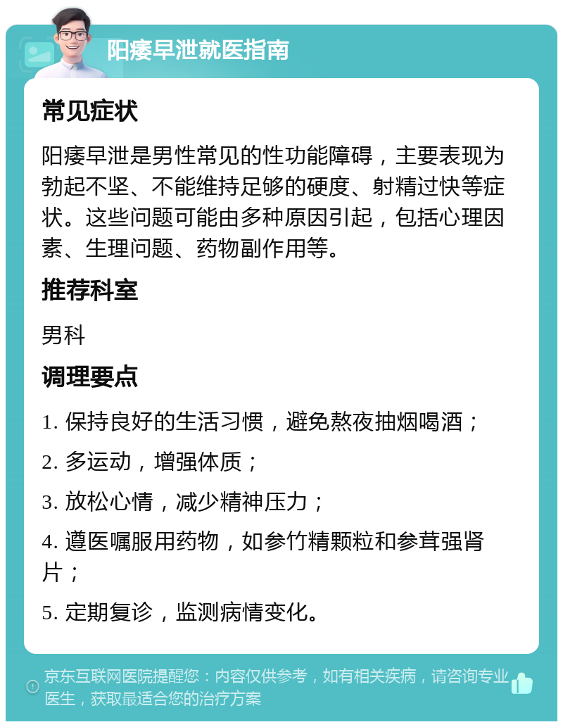 阳痿早泄就医指南 常见症状 阳痿早泄是男性常见的性功能障碍，主要表现为勃起不坚、不能维持足够的硬度、射精过快等症状。这些问题可能由多种原因引起，包括心理因素、生理问题、药物副作用等。 推荐科室 男科 调理要点 1. 保持良好的生活习惯，避免熬夜抽烟喝酒； 2. 多运动，增强体质； 3. 放松心情，减少精神压力； 4. 遵医嘱服用药物，如参竹精颗粒和参茸强肾片； 5. 定期复诊，监测病情变化。