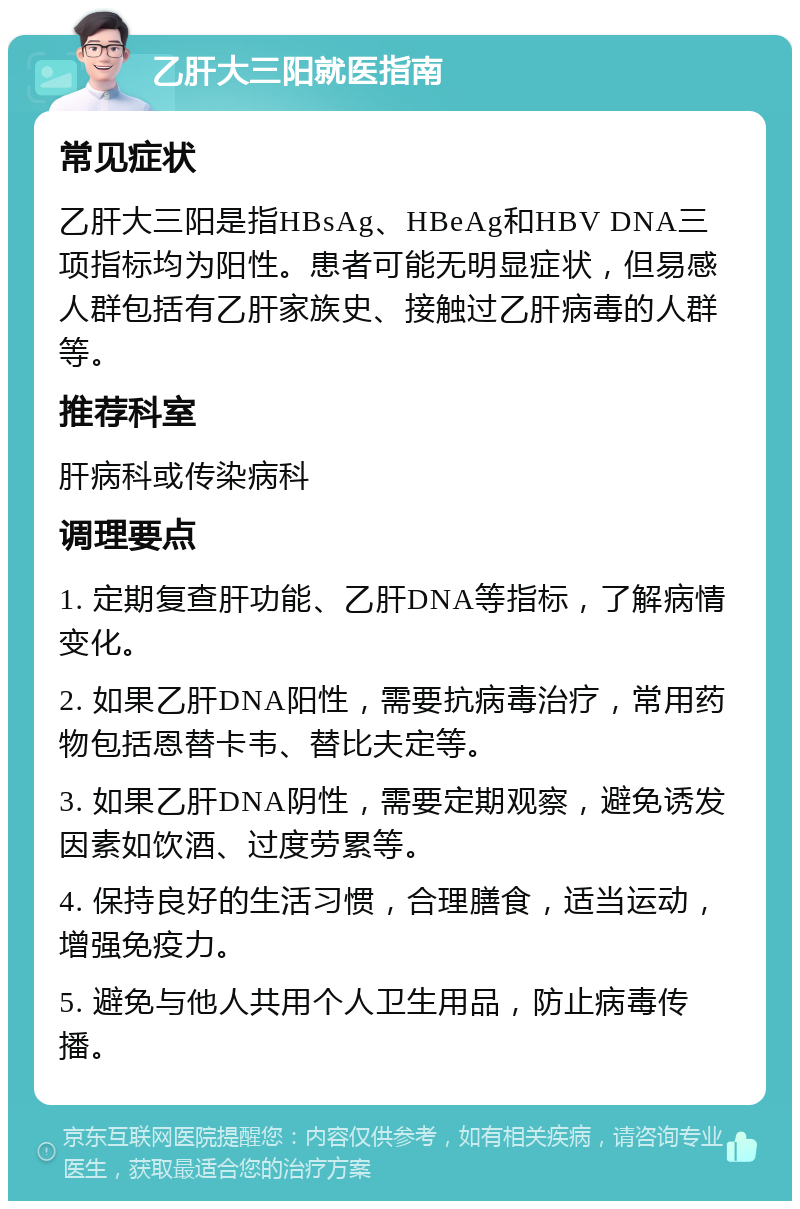 乙肝大三阳就医指南 常见症状 乙肝大三阳是指HBsAg、HBeAg和HBV DNA三项指标均为阳性。患者可能无明显症状，但易感人群包括有乙肝家族史、接触过乙肝病毒的人群等。 推荐科室 肝病科或传染病科 调理要点 1. 定期复查肝功能、乙肝DNA等指标，了解病情变化。 2. 如果乙肝DNA阳性，需要抗病毒治疗，常用药物包括恩替卡韦、替比夫定等。 3. 如果乙肝DNA阴性，需要定期观察，避免诱发因素如饮酒、过度劳累等。 4. 保持良好的生活习惯，合理膳食，适当运动，增强免疫力。 5. 避免与他人共用个人卫生用品，防止病毒传播。