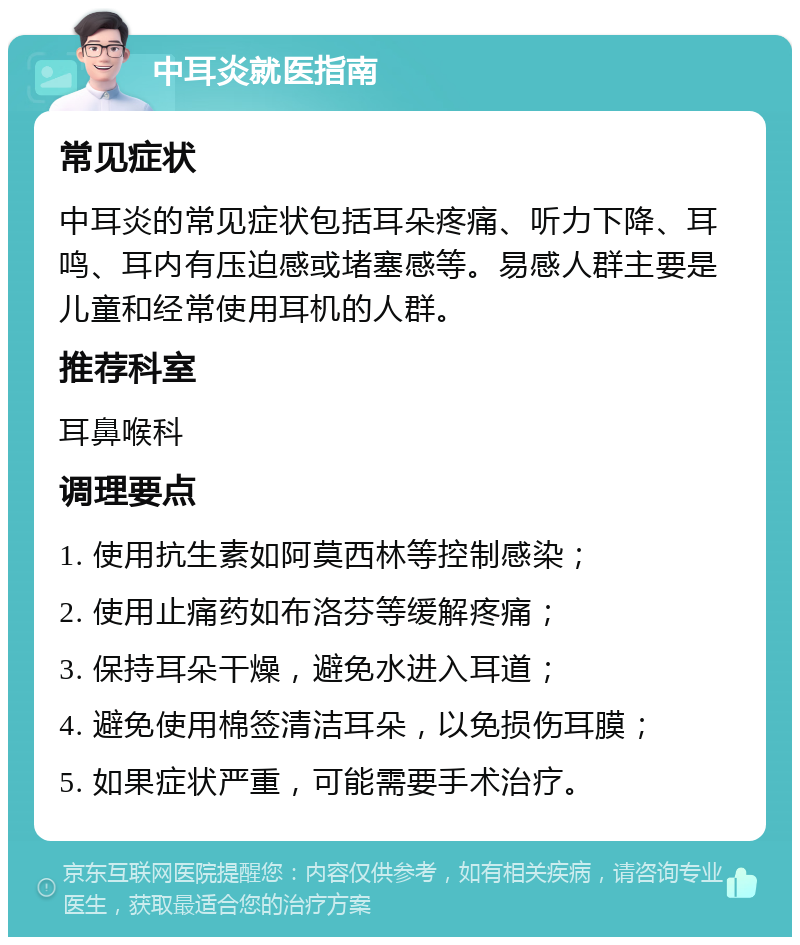 中耳炎就医指南 常见症状 中耳炎的常见症状包括耳朵疼痛、听力下降、耳鸣、耳内有压迫感或堵塞感等。易感人群主要是儿童和经常使用耳机的人群。 推荐科室 耳鼻喉科 调理要点 1. 使用抗生素如阿莫西林等控制感染； 2. 使用止痛药如布洛芬等缓解疼痛； 3. 保持耳朵干燥，避免水进入耳道； 4. 避免使用棉签清洁耳朵，以免损伤耳膜； 5. 如果症状严重，可能需要手术治疗。