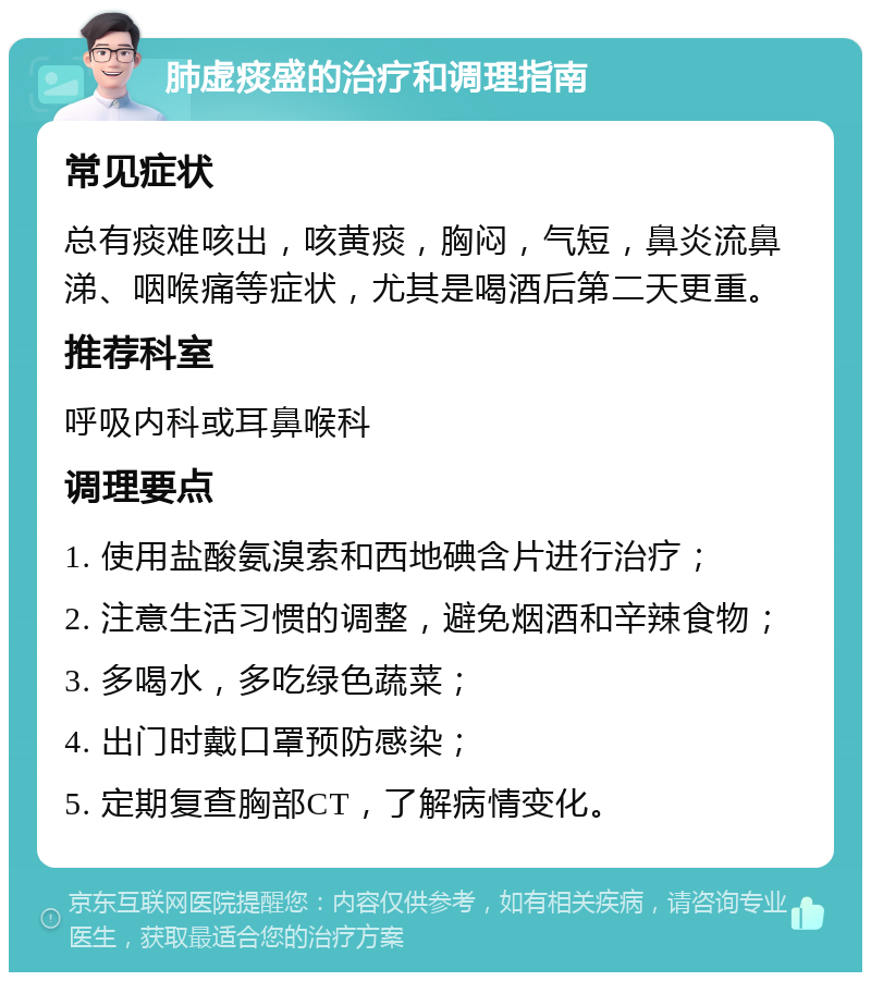 肺虚痰盛的治疗和调理指南 常见症状 总有痰难咳出，咳黄痰，胸闷，气短，鼻炎流鼻涕、咽喉痛等症状，尤其是喝酒后第二天更重。 推荐科室 呼吸内科或耳鼻喉科 调理要点 1. 使用盐酸氨溴索和西地碘含片进行治疗； 2. 注意生活习惯的调整，避免烟酒和辛辣食物； 3. 多喝水，多吃绿色蔬菜； 4. 出门时戴口罩预防感染； 5. 定期复查胸部CT，了解病情变化。