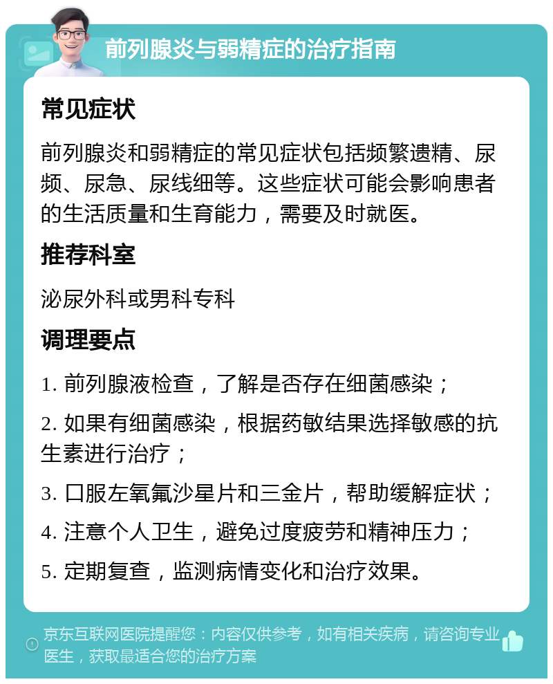 前列腺炎与弱精症的治疗指南 常见症状 前列腺炎和弱精症的常见症状包括频繁遗精、尿频、尿急、尿线细等。这些症状可能会影响患者的生活质量和生育能力，需要及时就医。 推荐科室 泌尿外科或男科专科 调理要点 1. 前列腺液检查，了解是否存在细菌感染； 2. 如果有细菌感染，根据药敏结果选择敏感的抗生素进行治疗； 3. 口服左氧氟沙星片和三金片，帮助缓解症状； 4. 注意个人卫生，避免过度疲劳和精神压力； 5. 定期复查，监测病情变化和治疗效果。