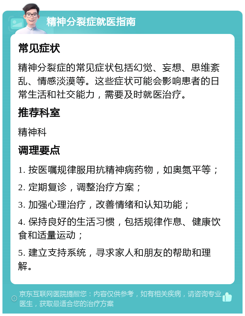 精神分裂症就医指南 常见症状 精神分裂症的常见症状包括幻觉、妄想、思维紊乱、情感淡漠等。这些症状可能会影响患者的日常生活和社交能力，需要及时就医治疗。 推荐科室 精神科 调理要点 1. 按医嘱规律服用抗精神病药物，如奥氮平等； 2. 定期复诊，调整治疗方案； 3. 加强心理治疗，改善情绪和认知功能； 4. 保持良好的生活习惯，包括规律作息、健康饮食和适量运动； 5. 建立支持系统，寻求家人和朋友的帮助和理解。