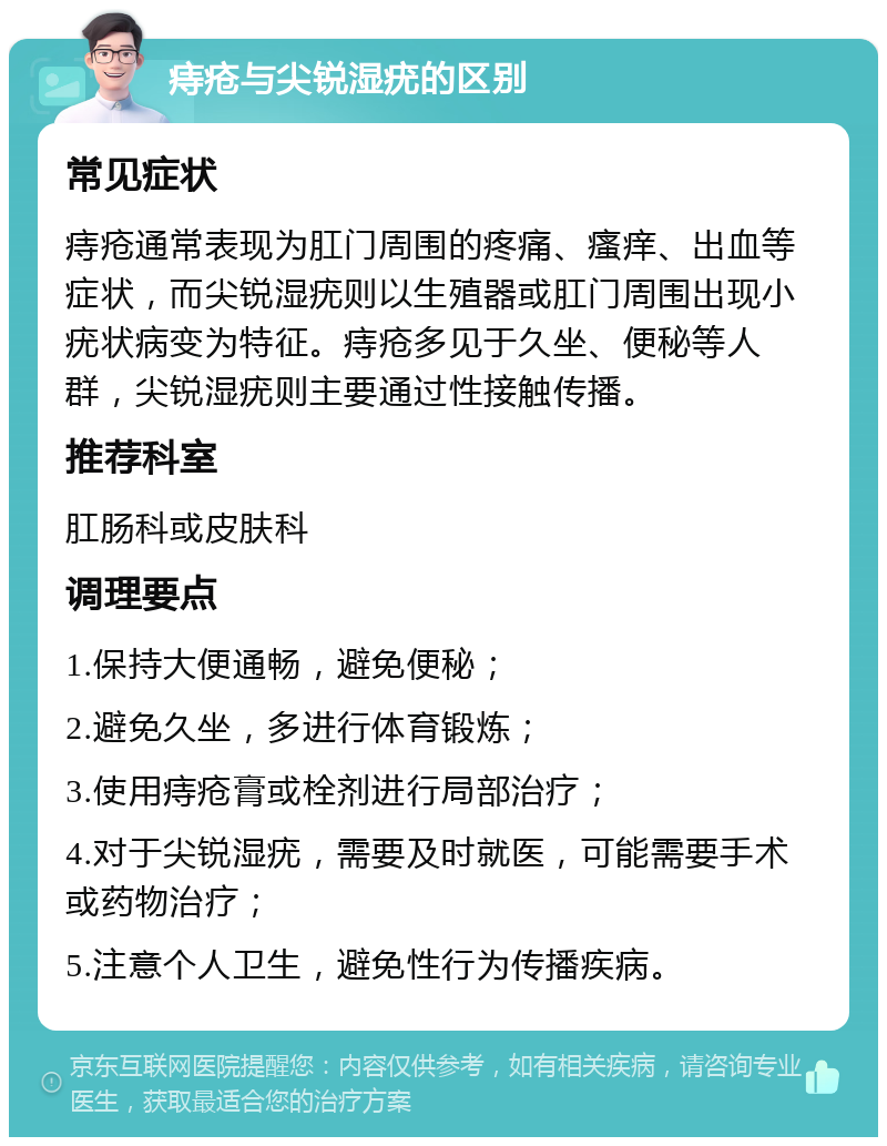 痔疮与尖锐湿疣的区别 常见症状 痔疮通常表现为肛门周围的疼痛、瘙痒、出血等症状，而尖锐湿疣则以生殖器或肛门周围出现小疣状病变为特征。痔疮多见于久坐、便秘等人群，尖锐湿疣则主要通过性接触传播。 推荐科室 肛肠科或皮肤科 调理要点 1.保持大便通畅，避免便秘； 2.避免久坐，多进行体育锻炼； 3.使用痔疮膏或栓剂进行局部治疗； 4.对于尖锐湿疣，需要及时就医，可能需要手术或药物治疗； 5.注意个人卫生，避免性行为传播疾病。