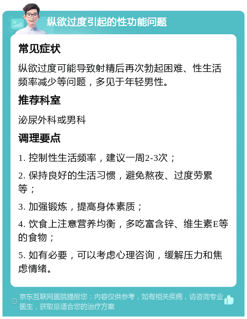 纵欲过度引起的性功能问题 常见症状 纵欲过度可能导致射精后再次勃起困难、性生活频率减少等问题，多见于年轻男性。 推荐科室 泌尿外科或男科 调理要点 1. 控制性生活频率，建议一周2-3次； 2. 保持良好的生活习惯，避免熬夜、过度劳累等； 3. 加强锻炼，提高身体素质； 4. 饮食上注意营养均衡，多吃富含锌、维生素E等的食物； 5. 如有必要，可以考虑心理咨询，缓解压力和焦虑情绪。