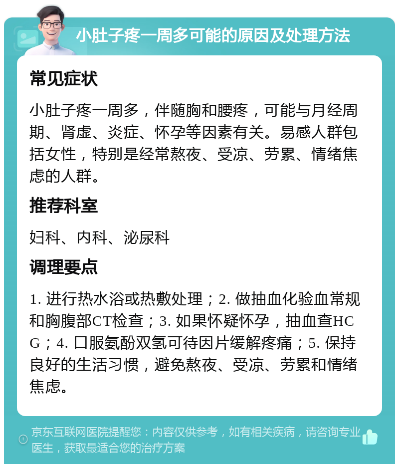 小肚子疼一周多可能的原因及处理方法 常见症状 小肚子疼一周多，伴随胸和腰疼，可能与月经周期、肾虚、炎症、怀孕等因素有关。易感人群包括女性，特别是经常熬夜、受凉、劳累、情绪焦虑的人群。 推荐科室 妇科、内科、泌尿科 调理要点 1. 进行热水浴或热敷处理；2. 做抽血化验血常规和胸腹部CT检查；3. 如果怀疑怀孕，抽血查HCG；4. 口服氨酚双氢可待因片缓解疼痛；5. 保持良好的生活习惯，避免熬夜、受凉、劳累和情绪焦虑。