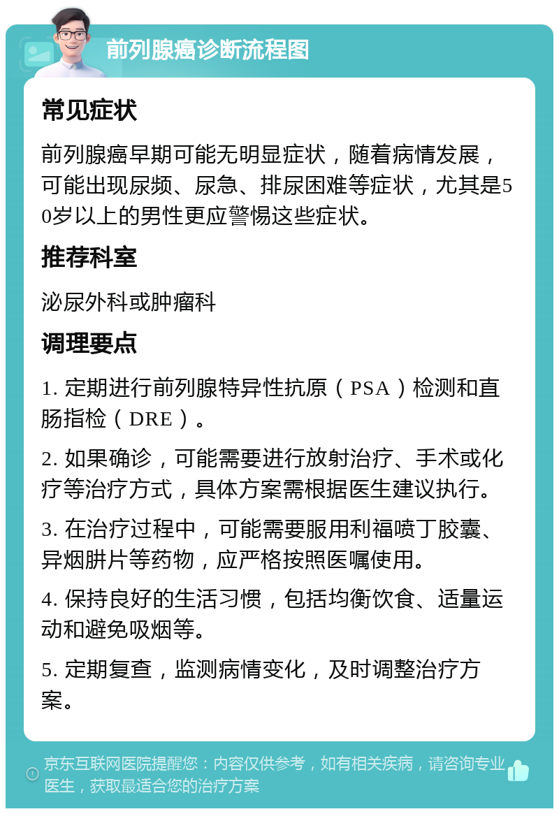 前列腺癌诊断流程图 常见症状 前列腺癌早期可能无明显症状，随着病情发展，可能出现尿频、尿急、排尿困难等症状，尤其是50岁以上的男性更应警惕这些症状。 推荐科室 泌尿外科或肿瘤科 调理要点 1. 定期进行前列腺特异性抗原（PSA）检测和直肠指检（DRE）。 2. 如果确诊，可能需要进行放射治疗、手术或化疗等治疗方式，具体方案需根据医生建议执行。 3. 在治疗过程中，可能需要服用利福喷丁胶囊、异烟肼片等药物，应严格按照医嘱使用。 4. 保持良好的生活习惯，包括均衡饮食、适量运动和避免吸烟等。 5. 定期复查，监测病情变化，及时调整治疗方案。