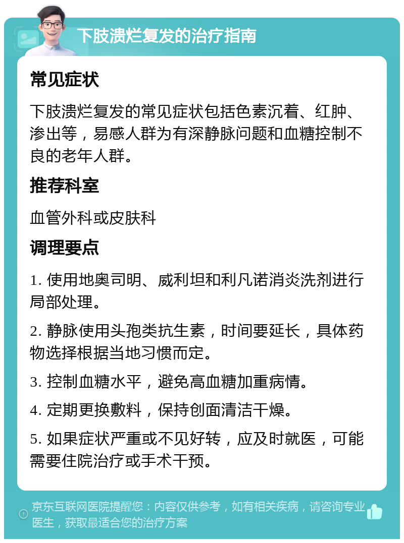 下肢溃烂复发的治疗指南 常见症状 下肢溃烂复发的常见症状包括色素沉着、红肿、渗出等，易感人群为有深静脉问题和血糖控制不良的老年人群。 推荐科室 血管外科或皮肤科 调理要点 1. 使用地奥司明、威利坦和利凡诺消炎洗剂进行局部处理。 2. 静脉使用头孢类抗生素，时间要延长，具体药物选择根据当地习惯而定。 3. 控制血糖水平，避免高血糖加重病情。 4. 定期更换敷料，保持创面清洁干燥。 5. 如果症状严重或不见好转，应及时就医，可能需要住院治疗或手术干预。