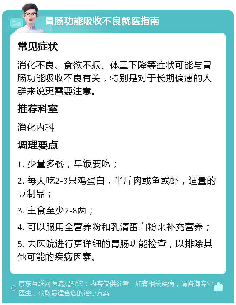 胃肠功能吸收不良就医指南 常见症状 消化不良、食欲不振、体重下降等症状可能与胃肠功能吸收不良有关，特别是对于长期偏瘦的人群来说更需要注意。 推荐科室 消化内科 调理要点 1. 少量多餐，早饭要吃； 2. 每天吃2-3只鸡蛋白，半斤肉或鱼或虾，适量的豆制品； 3. 主食至少7-8两； 4. 可以服用全营养粉和乳清蛋白粉来补充营养； 5. 去医院进行更详细的胃肠功能检查，以排除其他可能的疾病因素。