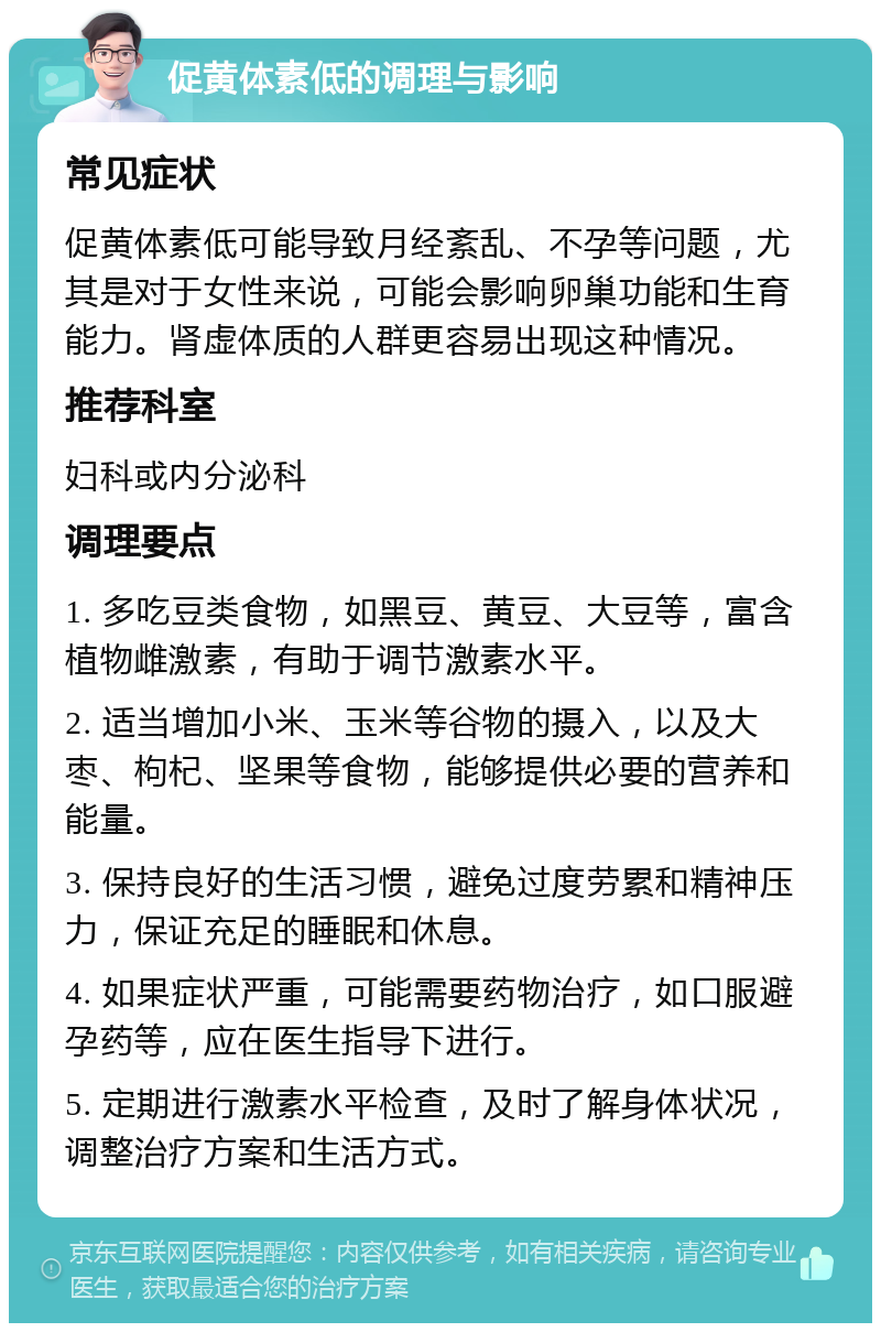 促黄体素低的调理与影响 常见症状 促黄体素低可能导致月经紊乱、不孕等问题，尤其是对于女性来说，可能会影响卵巢功能和生育能力。肾虚体质的人群更容易出现这种情况。 推荐科室 妇科或内分泌科 调理要点 1. 多吃豆类食物，如黑豆、黄豆、大豆等，富含植物雌激素，有助于调节激素水平。 2. 适当增加小米、玉米等谷物的摄入，以及大枣、枸杞、坚果等食物，能够提供必要的营养和能量。 3. 保持良好的生活习惯，避免过度劳累和精神压力，保证充足的睡眠和休息。 4. 如果症状严重，可能需要药物治疗，如口服避孕药等，应在医生指导下进行。 5. 定期进行激素水平检查，及时了解身体状况，调整治疗方案和生活方式。