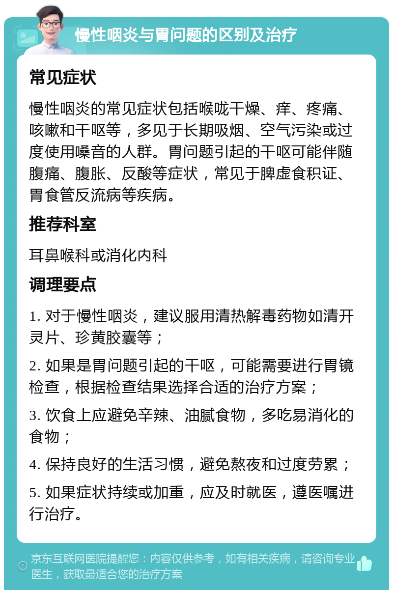 慢性咽炎与胃问题的区别及治疗 常见症状 慢性咽炎的常见症状包括喉咙干燥、痒、疼痛、咳嗽和干呕等，多见于长期吸烟、空气污染或过度使用嗓音的人群。胃问题引起的干呕可能伴随腹痛、腹胀、反酸等症状，常见于脾虚食积证、胃食管反流病等疾病。 推荐科室 耳鼻喉科或消化内科 调理要点 1. 对于慢性咽炎，建议服用清热解毒药物如清开灵片、珍黄胶囊等； 2. 如果是胃问题引起的干呕，可能需要进行胃镜检查，根据检查结果选择合适的治疗方案； 3. 饮食上应避免辛辣、油腻食物，多吃易消化的食物； 4. 保持良好的生活习惯，避免熬夜和过度劳累； 5. 如果症状持续或加重，应及时就医，遵医嘱进行治疗。