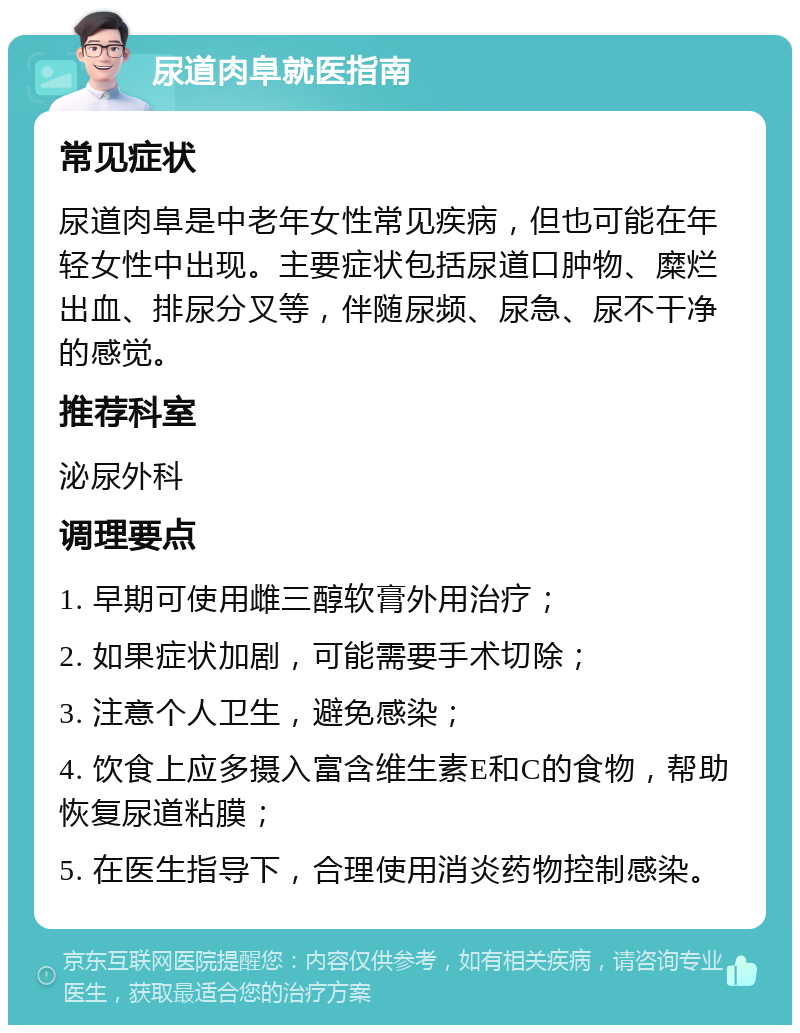 尿道肉阜就医指南 常见症状 尿道肉阜是中老年女性常见疾病，但也可能在年轻女性中出现。主要症状包括尿道口肿物、糜烂出血、排尿分叉等，伴随尿频、尿急、尿不干净的感觉。 推荐科室 泌尿外科 调理要点 1. 早期可使用雌三醇软膏外用治疗； 2. 如果症状加剧，可能需要手术切除； 3. 注意个人卫生，避免感染； 4. 饮食上应多摄入富含维生素E和C的食物，帮助恢复尿道粘膜； 5. 在医生指导下，合理使用消炎药物控制感染。