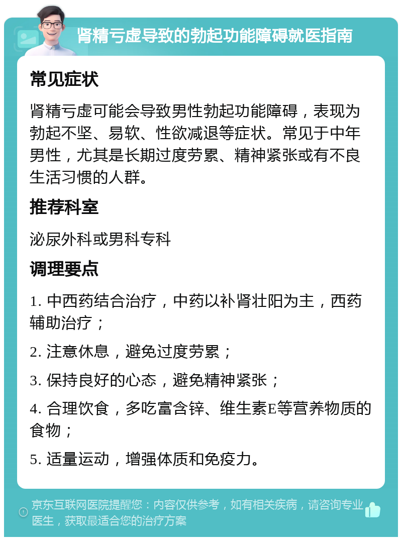 肾精亏虚导致的勃起功能障碍就医指南 常见症状 肾精亏虚可能会导致男性勃起功能障碍，表现为勃起不坚、易软、性欲减退等症状。常见于中年男性，尤其是长期过度劳累、精神紧张或有不良生活习惯的人群。 推荐科室 泌尿外科或男科专科 调理要点 1. 中西药结合治疗，中药以补肾壮阳为主，西药辅助治疗； 2. 注意休息，避免过度劳累； 3. 保持良好的心态，避免精神紧张； 4. 合理饮食，多吃富含锌、维生素E等营养物质的食物； 5. 适量运动，增强体质和免疫力。