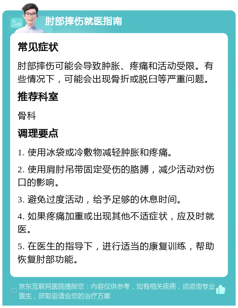 肘部摔伤就医指南 常见症状 肘部摔伤可能会导致肿胀、疼痛和活动受限。有些情况下，可能会出现骨折或脱臼等严重问题。 推荐科室 骨科 调理要点 1. 使用冰袋或冷敷物减轻肿胀和疼痛。 2. 使用肩肘吊带固定受伤的胳膊，减少活动对伤口的影响。 3. 避免过度活动，给予足够的休息时间。 4. 如果疼痛加重或出现其他不适症状，应及时就医。 5. 在医生的指导下，进行适当的康复训练，帮助恢复肘部功能。