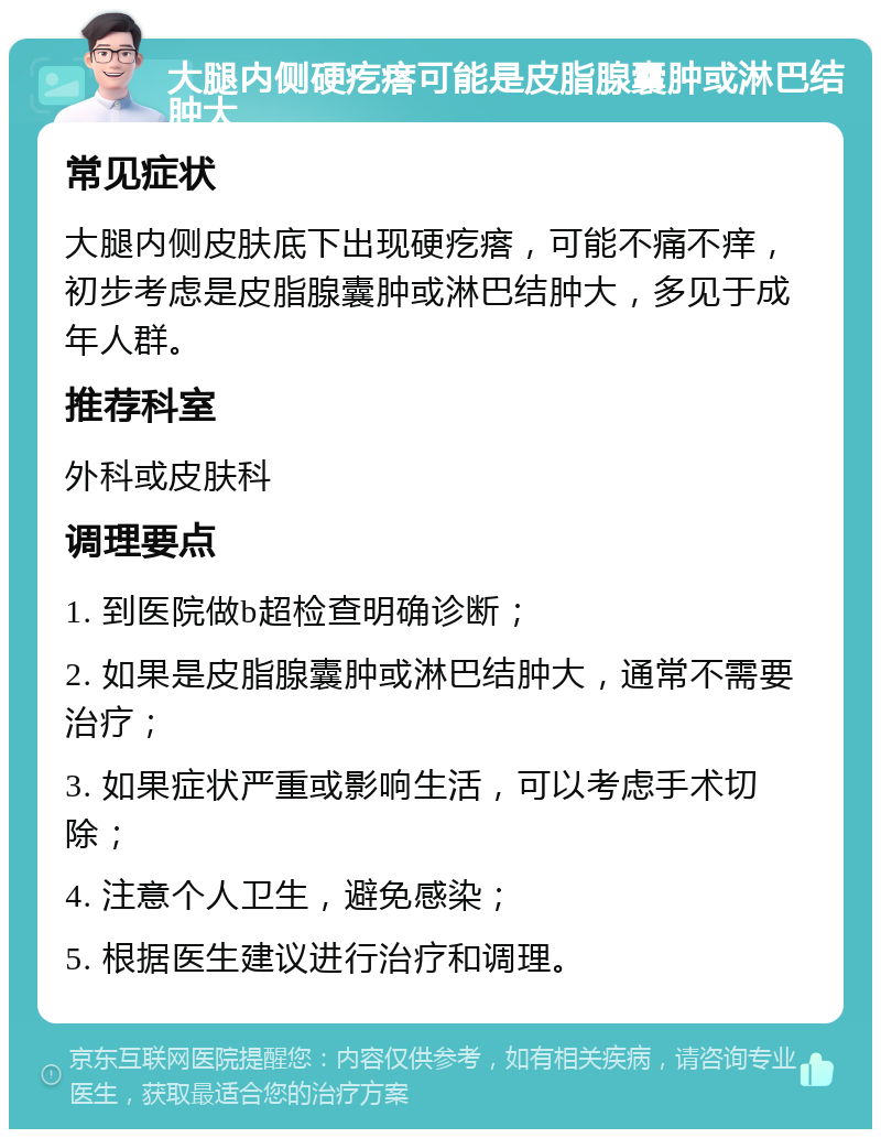 大腿内侧硬疙瘩可能是皮脂腺囊肿或淋巴结肿大 常见症状 大腿内侧皮肤底下出现硬疙瘩，可能不痛不痒，初步考虑是皮脂腺囊肿或淋巴结肿大，多见于成年人群。 推荐科室 外科或皮肤科 调理要点 1. 到医院做b超检查明确诊断； 2. 如果是皮脂腺囊肿或淋巴结肿大，通常不需要治疗； 3. 如果症状严重或影响生活，可以考虑手术切除； 4. 注意个人卫生，避免感染； 5. 根据医生建议进行治疗和调理。