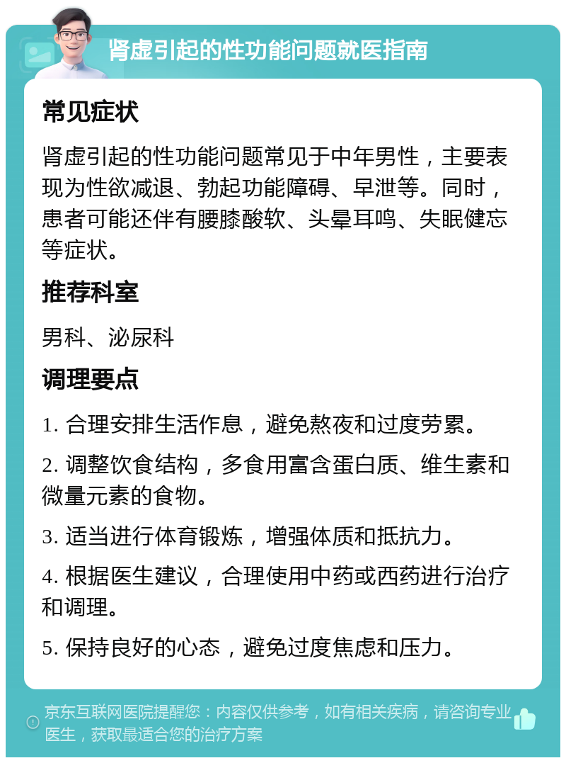 肾虚引起的性功能问题就医指南 常见症状 肾虚引起的性功能问题常见于中年男性，主要表现为性欲减退、勃起功能障碍、早泄等。同时，患者可能还伴有腰膝酸软、头晕耳鸣、失眠健忘等症状。 推荐科室 男科、泌尿科 调理要点 1. 合理安排生活作息，避免熬夜和过度劳累。 2. 调整饮食结构，多食用富含蛋白质、维生素和微量元素的食物。 3. 适当进行体育锻炼，增强体质和抵抗力。 4. 根据医生建议，合理使用中药或西药进行治疗和调理。 5. 保持良好的心态，避免过度焦虑和压力。