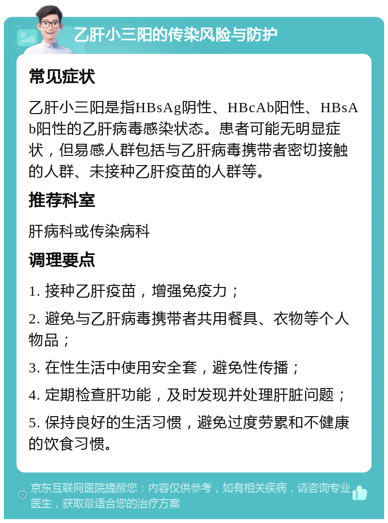 乙肝小三阳的传染风险与防护 常见症状 乙肝小三阳是指HBsAg阴性、HBcAb阳性、HBsAb阳性的乙肝病毒感染状态。患者可能无明显症状，但易感人群包括与乙肝病毒携带者密切接触的人群、未接种乙肝疫苗的人群等。 推荐科室 肝病科或传染病科 调理要点 1. 接种乙肝疫苗，增强免疫力； 2. 避免与乙肝病毒携带者共用餐具、衣物等个人物品； 3. 在性生活中使用安全套，避免性传播； 4. 定期检查肝功能，及时发现并处理肝脏问题； 5. 保持良好的生活习惯，避免过度劳累和不健康的饮食习惯。