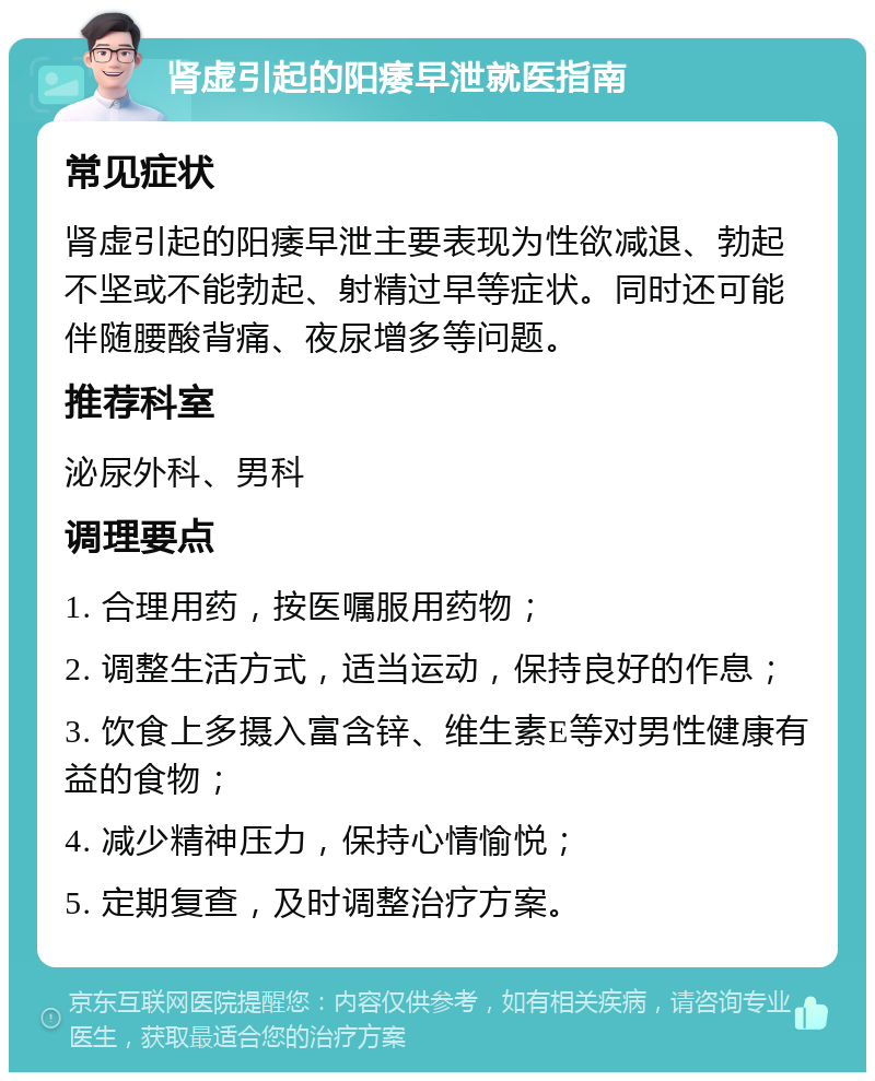 肾虚引起的阳痿早泄就医指南 常见症状 肾虚引起的阳痿早泄主要表现为性欲减退、勃起不坚或不能勃起、射精过早等症状。同时还可能伴随腰酸背痛、夜尿增多等问题。 推荐科室 泌尿外科、男科 调理要点 1. 合理用药，按医嘱服用药物； 2. 调整生活方式，适当运动，保持良好的作息； 3. 饮食上多摄入富含锌、维生素E等对男性健康有益的食物； 4. 减少精神压力，保持心情愉悦； 5. 定期复查，及时调整治疗方案。