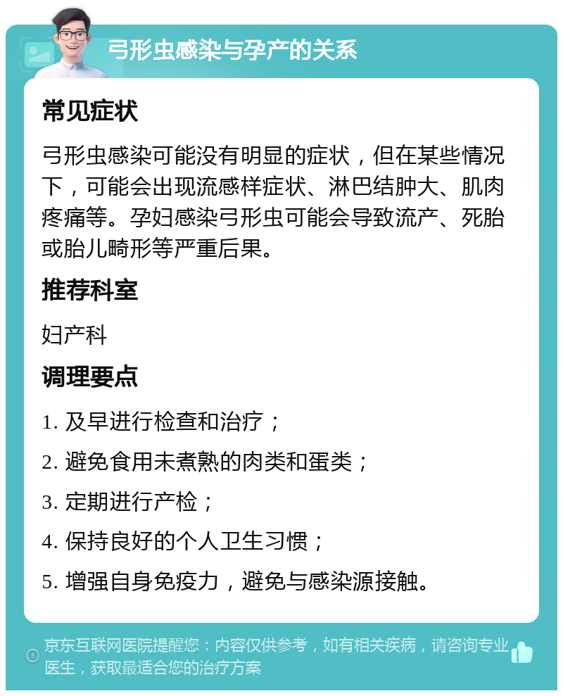 弓形虫感染与孕产的关系 常见症状 弓形虫感染可能没有明显的症状，但在某些情况下，可能会出现流感样症状、淋巴结肿大、肌肉疼痛等。孕妇感染弓形虫可能会导致流产、死胎或胎儿畸形等严重后果。 推荐科室 妇产科 调理要点 1. 及早进行检查和治疗； 2. 避免食用未煮熟的肉类和蛋类； 3. 定期进行产检； 4. 保持良好的个人卫生习惯； 5. 增强自身免疫力，避免与感染源接触。