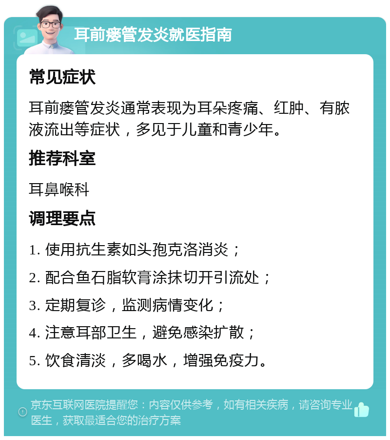 耳前瘘管发炎就医指南 常见症状 耳前瘘管发炎通常表现为耳朵疼痛、红肿、有脓液流出等症状，多见于儿童和青少年。 推荐科室 耳鼻喉科 调理要点 1. 使用抗生素如头孢克洛消炎； 2. 配合鱼石脂软膏涂抹切开引流处； 3. 定期复诊，监测病情变化； 4. 注意耳部卫生，避免感染扩散； 5. 饮食清淡，多喝水，增强免疫力。