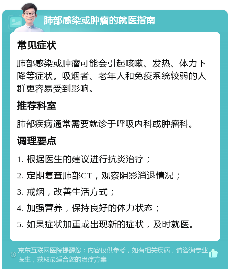 肺部感染或肿瘤的就医指南 常见症状 肺部感染或肿瘤可能会引起咳嗽、发热、体力下降等症状。吸烟者、老年人和免疫系统较弱的人群更容易受到影响。 推荐科室 肺部疾病通常需要就诊于呼吸内科或肿瘤科。 调理要点 1. 根据医生的建议进行抗炎治疗； 2. 定期复查肺部CT，观察阴影消退情况； 3. 戒烟，改善生活方式； 4. 加强营养，保持良好的体力状态； 5. 如果症状加重或出现新的症状，及时就医。