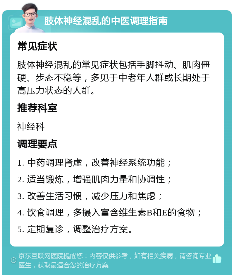 肢体神经混乱的中医调理指南 常见症状 肢体神经混乱的常见症状包括手脚抖动、肌肉僵硬、步态不稳等，多见于中老年人群或长期处于高压力状态的人群。 推荐科室 神经科 调理要点 1. 中药调理肾虚，改善神经系统功能； 2. 适当锻炼，增强肌肉力量和协调性； 3. 改善生活习惯，减少压力和焦虑； 4. 饮食调理，多摄入富含维生素B和E的食物； 5. 定期复诊，调整治疗方案。