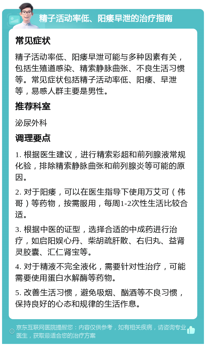 精子活动率低、阳痿早泄的治疗指南 常见症状 精子活动率低、阳痿早泄可能与多种因素有关，包括生殖道感染、精索静脉曲张、不良生活习惯等。常见症状包括精子活动率低、阳痿、早泄等，易感人群主要是男性。 推荐科室 泌尿外科 调理要点 1. 根据医生建议，进行精索彩超和前列腺液常规化验，排除精索静脉曲张和前列腺炎等可能的原因。 2. 对于阳痿，可以在医生指导下使用万艾可（伟哥）等药物，按需服用，每周1-2次性生活比较合适。 3. 根据中医的证型，选择合适的中成药进行治疗，如启阳娱心丹、柴胡疏肝散、右归丸、益肾灵胶囊、汇仁肾宝等。 4. 对于精液不完全液化，需要针对性治疗，可能需要使用蛋白水解酶等药物。 5. 改善生活习惯，避免吸烟、酗酒等不良习惯，保持良好的心态和规律的生活作息。