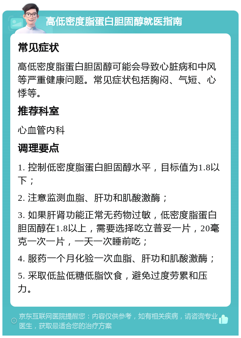 高低密度脂蛋白胆固醇就医指南 常见症状 高低密度脂蛋白胆固醇可能会导致心脏病和中风等严重健康问题。常见症状包括胸闷、气短、心悸等。 推荐科室 心血管内科 调理要点 1. 控制低密度脂蛋白胆固醇水平，目标值为1.8以下； 2. 注意监测血脂、肝功和肌酸激酶； 3. 如果肝肾功能正常无药物过敏，低密度脂蛋白胆固醇在1.8以上，需要选择吃立普妥一片，20毫克一次一片，一天一次睡前吃； 4. 服药一个月化验一次血脂、肝功和肌酸激酶； 5. 采取低盐低糖低脂饮食，避免过度劳累和压力。