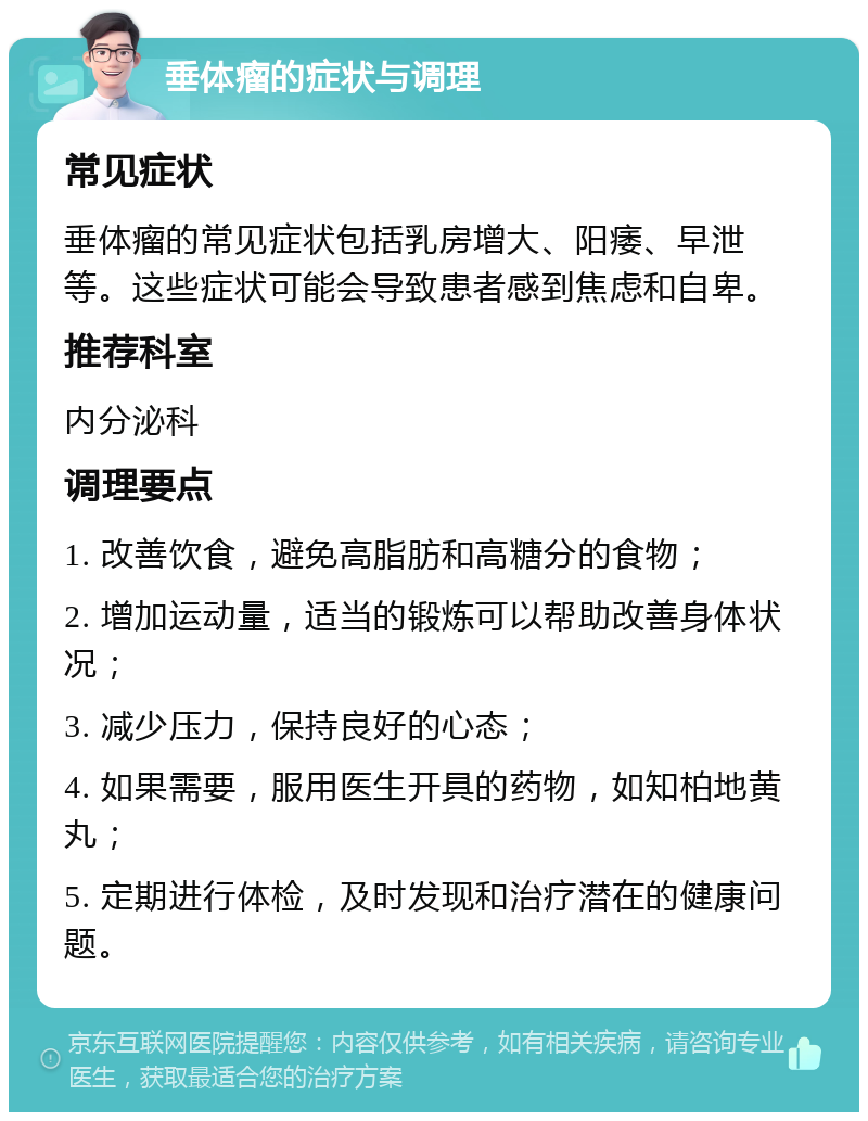 垂体瘤的症状与调理 常见症状 垂体瘤的常见症状包括乳房增大、阳痿、早泄等。这些症状可能会导致患者感到焦虑和自卑。 推荐科室 内分泌科 调理要点 1. 改善饮食，避免高脂肪和高糖分的食物； 2. 增加运动量，适当的锻炼可以帮助改善身体状况； 3. 减少压力，保持良好的心态； 4. 如果需要，服用医生开具的药物，如知柏地黄丸； 5. 定期进行体检，及时发现和治疗潜在的健康问题。