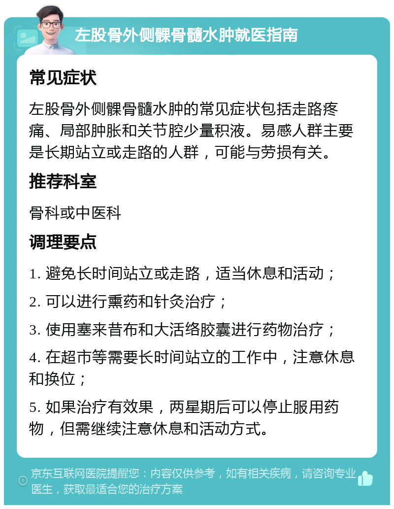 左股骨外侧髁骨髓水肿就医指南 常见症状 左股骨外侧髁骨髓水肿的常见症状包括走路疼痛、局部肿胀和关节腔少量积液。易感人群主要是长期站立或走路的人群，可能与劳损有关。 推荐科室 骨科或中医科 调理要点 1. 避免长时间站立或走路，适当休息和活动； 2. 可以进行熏药和针灸治疗； 3. 使用塞来昔布和大活络胶囊进行药物治疗； 4. 在超市等需要长时间站立的工作中，注意休息和换位； 5. 如果治疗有效果，两星期后可以停止服用药物，但需继续注意休息和活动方式。