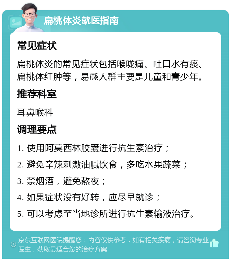 扁桃体炎就医指南 常见症状 扁桃体炎的常见症状包括喉咙痛、吐口水有痰、扁桃体红肿等，易感人群主要是儿童和青少年。 推荐科室 耳鼻喉科 调理要点 1. 使用阿莫西林胶囊进行抗生素治疗； 2. 避免辛辣刺激油腻饮食，多吃水果蔬菜； 3. 禁烟酒，避免熬夜； 4. 如果症状没有好转，应尽早就诊； 5. 可以考虑至当地诊所进行抗生素输液治疗。