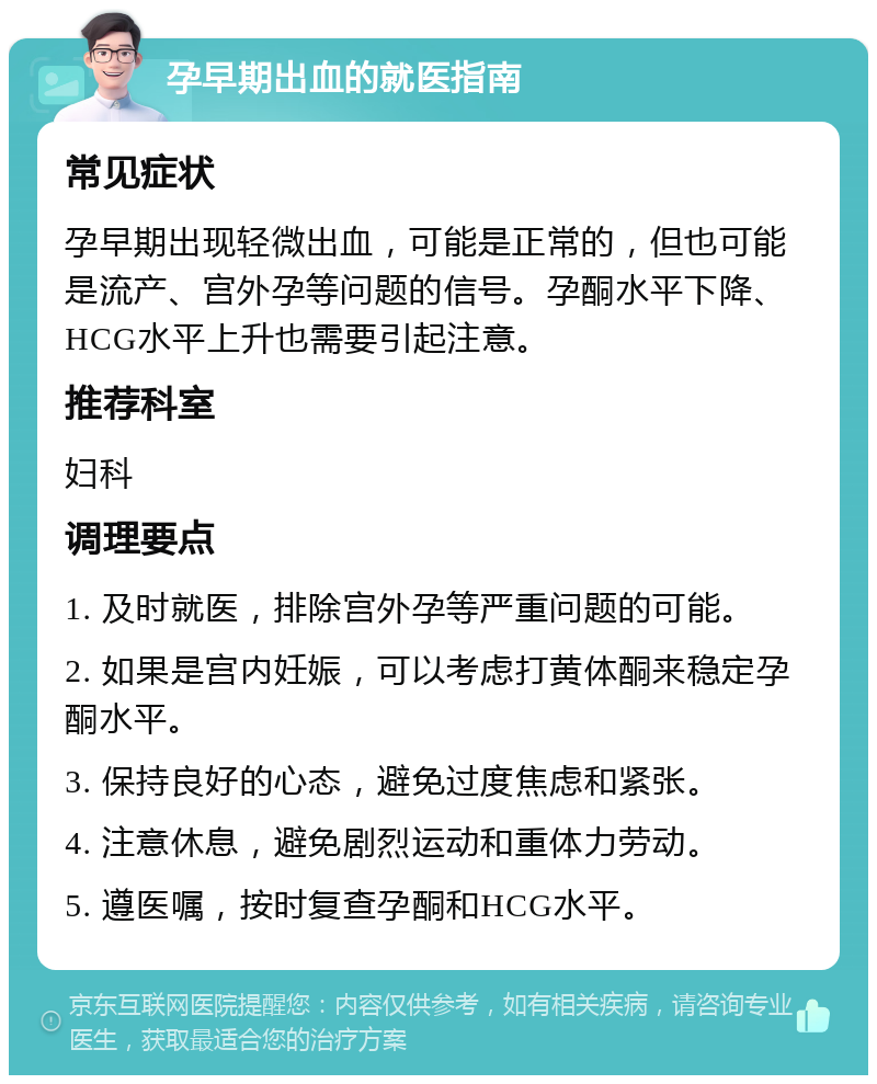 孕早期出血的就医指南 常见症状 孕早期出现轻微出血，可能是正常的，但也可能是流产、宫外孕等问题的信号。孕酮水平下降、HCG水平上升也需要引起注意。 推荐科室 妇科 调理要点 1. 及时就医，排除宫外孕等严重问题的可能。 2. 如果是宫内妊娠，可以考虑打黄体酮来稳定孕酮水平。 3. 保持良好的心态，避免过度焦虑和紧张。 4. 注意休息，避免剧烈运动和重体力劳动。 5. 遵医嘱，按时复查孕酮和HCG水平。