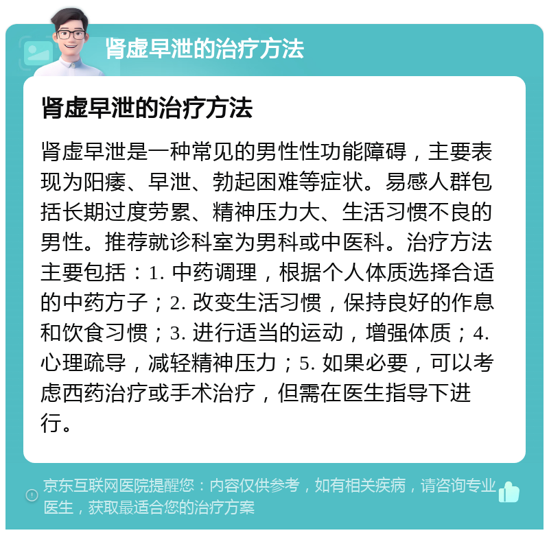 肾虚早泄的治疗方法 肾虚早泄的治疗方法 肾虚早泄是一种常见的男性性功能障碍，主要表现为阳痿、早泄、勃起困难等症状。易感人群包括长期过度劳累、精神压力大、生活习惯不良的男性。推荐就诊科室为男科或中医科。治疗方法主要包括：1. 中药调理，根据个人体质选择合适的中药方子；2. 改变生活习惯，保持良好的作息和饮食习惯；3. 进行适当的运动，增强体质；4. 心理疏导，减轻精神压力；5. 如果必要，可以考虑西药治疗或手术治疗，但需在医生指导下进行。