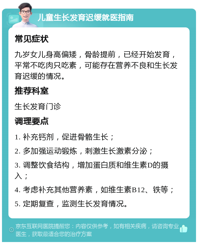 儿童生长发育迟缓就医指南 常见症状 九岁女儿身高偏矮，骨龄提前，已经开始发育，平常不吃肉只吃素，可能存在营养不良和生长发育迟缓的情况。 推荐科室 生长发育门诊 调理要点 1. 补充钙剂，促进骨骼生长； 2. 多加强运动锻炼，刺激生长激素分泌； 3. 调整饮食结构，增加蛋白质和维生素D的摄入； 4. 考虑补充其他营养素，如维生素B12、铁等； 5. 定期复查，监测生长发育情况。