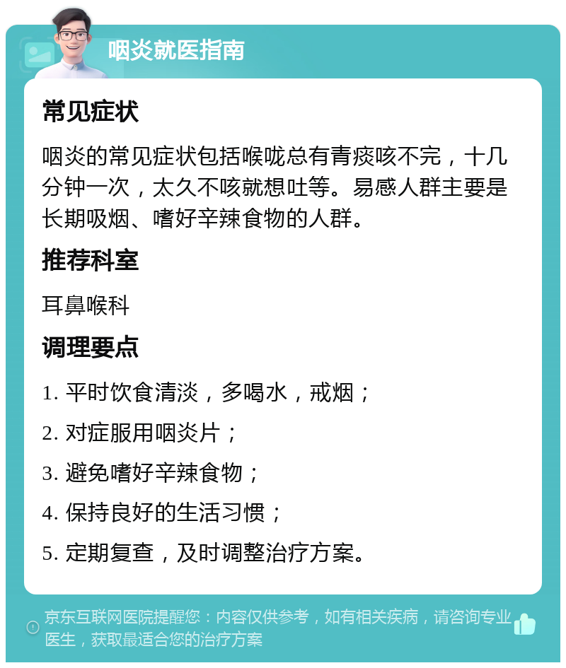 咽炎就医指南 常见症状 咽炎的常见症状包括喉咙总有青痰咳不完，十几分钟一次，太久不咳就想吐等。易感人群主要是长期吸烟、嗜好辛辣食物的人群。 推荐科室 耳鼻喉科 调理要点 1. 平时饮食清淡，多喝水，戒烟； 2. 对症服用咽炎片； 3. 避免嗜好辛辣食物； 4. 保持良好的生活习惯； 5. 定期复查，及时调整治疗方案。