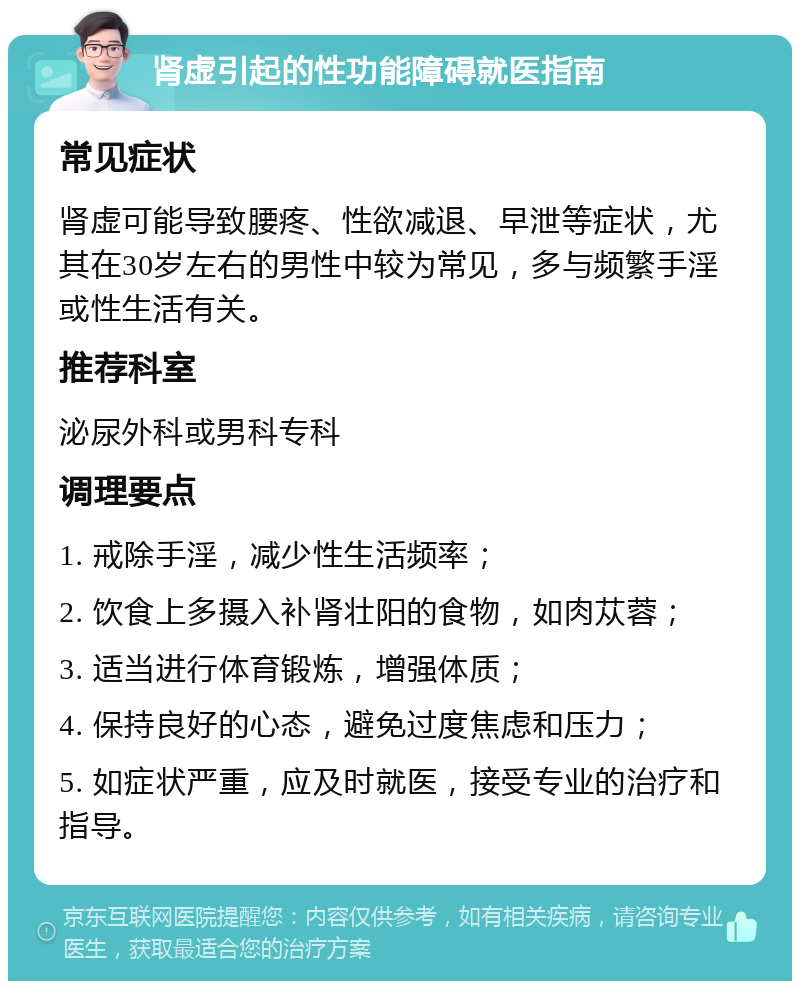 肾虚引起的性功能障碍就医指南 常见症状 肾虚可能导致腰疼、性欲减退、早泄等症状，尤其在30岁左右的男性中较为常见，多与频繁手淫或性生活有关。 推荐科室 泌尿外科或男科专科 调理要点 1. 戒除手淫，减少性生活频率； 2. 饮食上多摄入补肾壮阳的食物，如肉苁蓉； 3. 适当进行体育锻炼，增强体质； 4. 保持良好的心态，避免过度焦虑和压力； 5. 如症状严重，应及时就医，接受专业的治疗和指导。