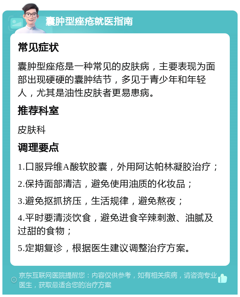 囊肿型痤疮就医指南 常见症状 囊肿型痤疮是一种常见的皮肤病，主要表现为面部出现硬硬的囊肿结节，多见于青少年和年轻人，尤其是油性皮肤者更易患病。 推荐科室 皮肤科 调理要点 1.口服异维A酸软胶囊，外用阿达帕林凝胶治疗； 2.保持面部清洁，避免使用油质的化妆品； 3.避免抠抓挤压，生活规律，避免熬夜； 4.平时要清淡饮食，避免进食辛辣刺激、油腻及过甜的食物； 5.定期复诊，根据医生建议调整治疗方案。