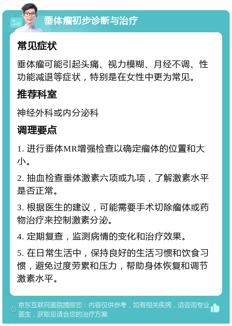 垂体瘤初步诊断与治疗 常见症状 垂体瘤可能引起头痛、视力模糊、月经不调、性功能减退等症状，特别是在女性中更为常见。 推荐科室 神经外科或内分泌科 调理要点 1. 进行垂体MR增强检查以确定瘤体的位置和大小。 2. 抽血检查垂体激素六项或九项，了解激素水平是否正常。 3. 根据医生的建议，可能需要手术切除瘤体或药物治疗来控制激素分泌。 4. 定期复查，监测病情的变化和治疗效果。 5. 在日常生活中，保持良好的生活习惯和饮食习惯，避免过度劳累和压力，帮助身体恢复和调节激素水平。