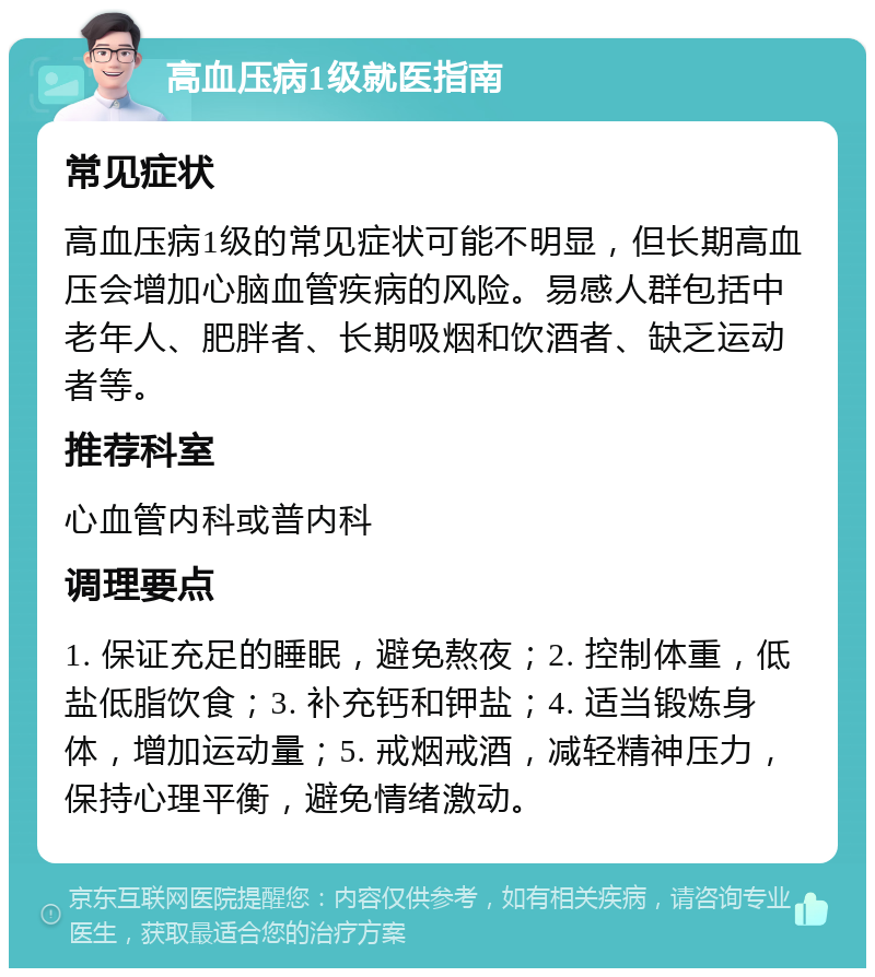 高血压病1级就医指南 常见症状 高血压病1级的常见症状可能不明显，但长期高血压会增加心脑血管疾病的风险。易感人群包括中老年人、肥胖者、长期吸烟和饮酒者、缺乏运动者等。 推荐科室 心血管内科或普内科 调理要点 1. 保证充足的睡眠，避免熬夜；2. 控制体重，低盐低脂饮食；3. 补充钙和钾盐；4. 适当锻炼身体，增加运动量；5. 戒烟戒酒，减轻精神压力，保持心理平衡，避免情绪激动。