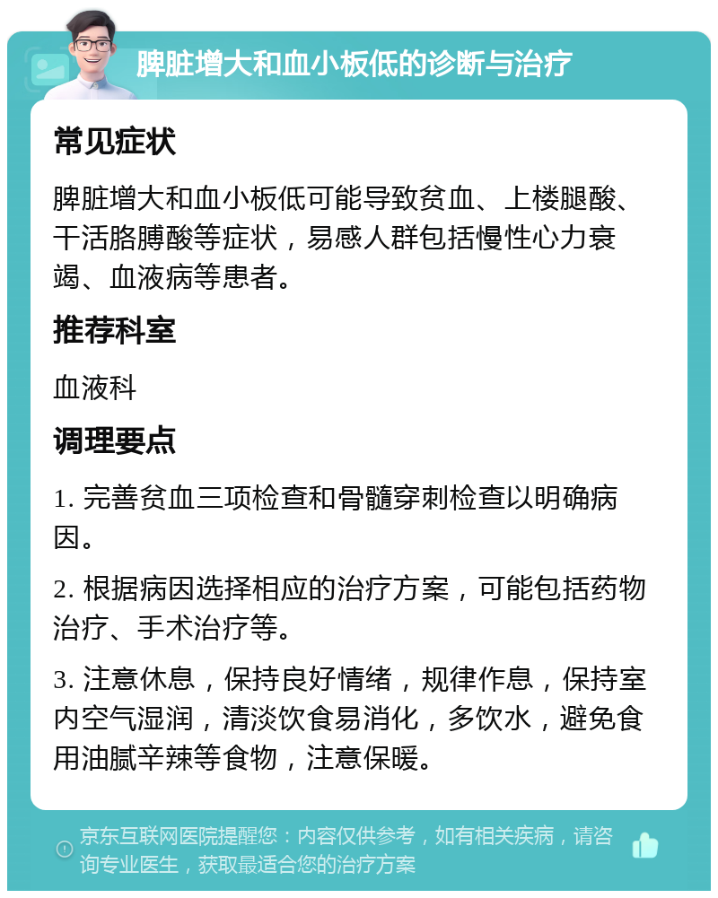 脾脏增大和血小板低的诊断与治疗 常见症状 脾脏增大和血小板低可能导致贫血、上楼腿酸、干活胳膊酸等症状，易感人群包括慢性心力衰竭、血液病等患者。 推荐科室 血液科 调理要点 1. 完善贫血三项检查和骨髓穿刺检查以明确病因。 2. 根据病因选择相应的治疗方案，可能包括药物治疗、手术治疗等。 3. 注意休息，保持良好情绪，规律作息，保持室内空气湿润，清淡饮食易消化，多饮水，避免食用油腻辛辣等食物，注意保暖。